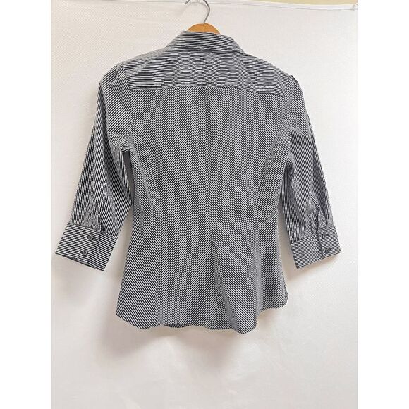 Express Design Studio Womens 3/4 Sleeve Button Down Dress Shirt Black Striped Sz - Picture 4 of 6